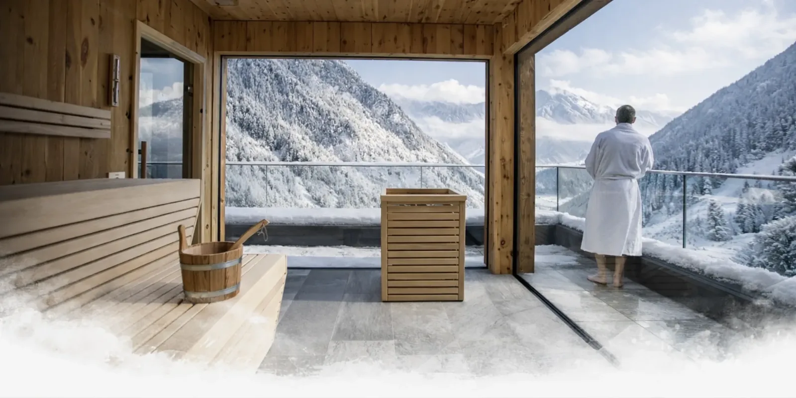Panorama-Sauna mit Blick auf verschneite Berge im Winter